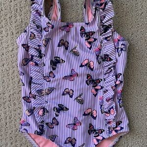 Kensie Girl Purple Pink Gold Butterfly Swim One Piece swimsuit ruffle stripe